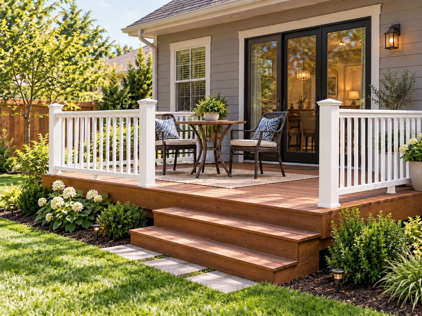 Simple brown wood deck with white railing posts, white balusters and white top and bottom rails, wide wood steps down to the lawn and a small bistro table by the back door