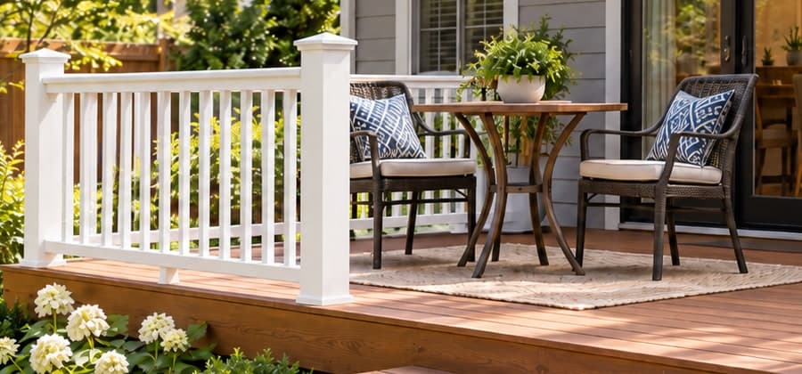 White deck railing beside a bistro table and two chairs on a brown wood deck