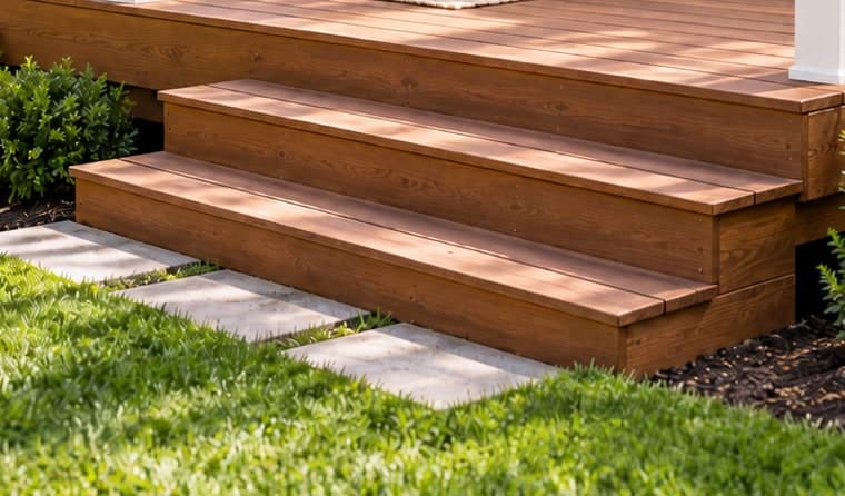 Wide brown wood deck steps leading down to stepping stones and a lawn